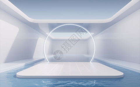 几何学里面有水的空房间 3D翻接场景玻璃建筑天空展示陈列柜推介会水泥地面蓝色背景