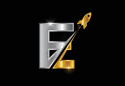带有火箭标志设计的初始 E 单字字母字母表 火箭图标 字体标志背景图片