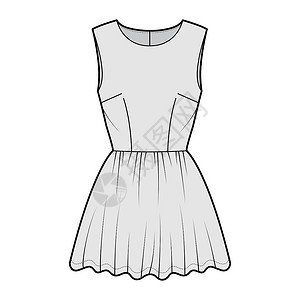穿长裙子的女孩穿短技术时装插图 用无袖 合身 小型整裙长小裤女孩女性计算机拉链草图设计长袍小样艺术织物设计图片
