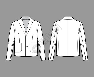 男装夹克Blazer 夹克穿着技术时装插图 用长袖 有记号的衣领 贴口袋 体积过大缝纫男生商务衬衫风俗绅士大衣商业工作设计设计图片