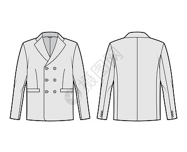 西装领子双乳夹克符合技术时装插图 用长袖 标记的领子 折纹口袋办公室人士绅士大衣男生套装设计女性商务男装设计图片