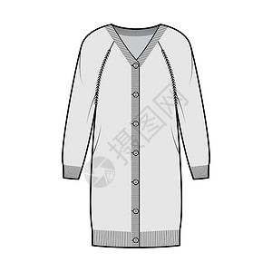 穿着技术时装插图 用肋排V颈 长的拉布兰袖子 特写按钮 放松体贴女孩织物棉布女装球座人员针织品毛衣女性夹克插画
