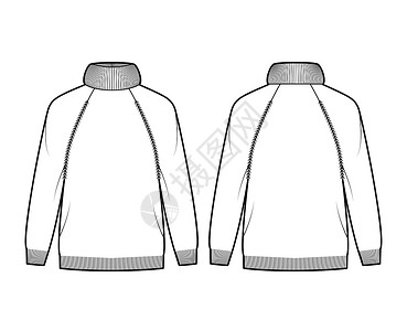 兰坎皮海龟用长长的拉布兰袖子 大尺寸 臀部长度 肋骨剪裁法绘制高体型海龟颈技术时装图针织品女孩球座小样绘画套衫衣服开襟衫女装服饰设计图片