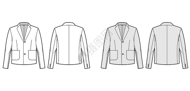 量身Blazer 夹克穿着技术时装插图 用长袖 有记号的衣领 贴口袋 体积过大人士缝纫风俗套装男人男生男性裙子西装外套设计图片