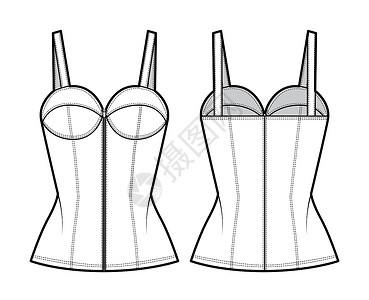 顶级胸罩技术时装插图 用巴斯克 薄带 拉链特写 杯子 合身体设计男生夹克女性衬衫小样衣服抹胸背心内衣插画