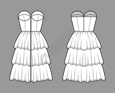 孟茜蕾丝紧身装西普上胸衣 技术时装插图 用无带的 合身的身体 3排膝盖长度轮廓裙子女装内衣服装设计女性肩带女孩计算机草图织物插画