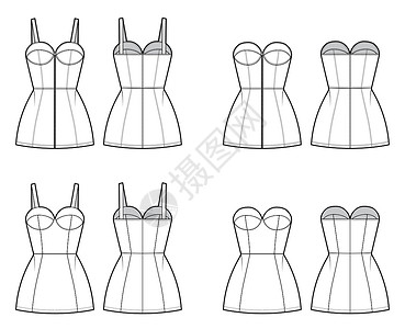 紧身胸衣一套合身的裙子管子 Zip-up技术时装图解 用上衣 无袖 无带绳 装配身体 小长度插画