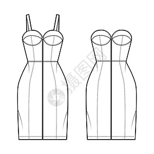 胸的无遮素材一套穿戴耐尼姆管缝衣套装的西普式技术时装图解 用更露胸 无带条 合身 膝长裙插画