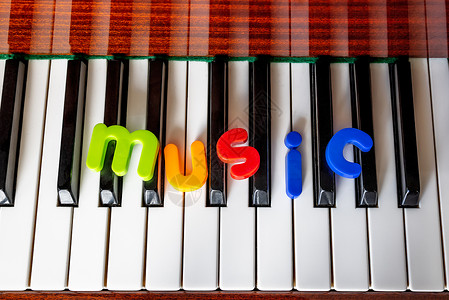 写着音乐的招贴画 钢琴特写上的信和乐笔音乐家乐器创造力人声键盘钥匙笔记教育娱乐音乐会背景