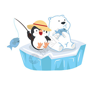 北极熊与鱼卡通北极熊与企鹅一起坐在冰面上插画