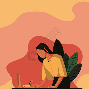 女商务人士利用手提电脑在桌面上放置的固定绘图 女性长期设计使用笔记本 计算机显示办公室生产力说明书男人海报叶子蔬菜墙纸卡通片裙子插画