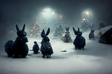 兔子镇的火狐狸雪地夜城街上的黑兔子 舒适的圣诞节露天迷宫 神经网络创造艺术人工智能动物汽车房屋街道蓝色团体插图背景