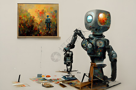 工作室里可爱友好的机器人艺术家在他的画架旁边 工作时绘画和绘画 神经网络 ai 生成艺术平局创新帮手生产机器油漆卡通片人工智能插背景图片