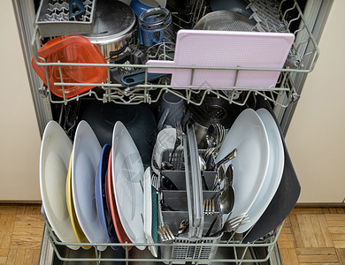 清洁用具使用清洁的洗碗机 用具和罐子家务器具机器勺子餐具房子盘子厨房帮助背景