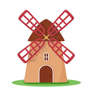 木棚白色背景孤立的矢量卡通风车 平面磨坊插图 用于研磨谷物的可爱农舍 农村内地建筑插画