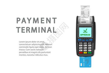 付款机矢量逼真的黑色 3d 支付机 带有收据和银行卡的特写 POS 终端在白色背景上 设计模板 布局 NFC支付处理设备 顶视图设计图片
