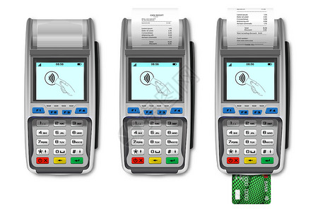 银行卡样机矢量 3d 现实支付机集 Pos 终端 纸质收据 信用卡隔离 设计模板 银行支付终端 样机 处理 NFC 支付设备 顶视图插画
