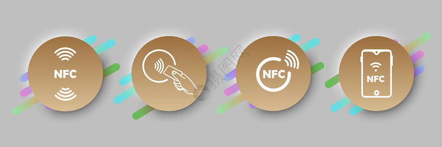 一组圆形 NFC 图标 非接触式支付图标 无线支付 信用卡 移动应用程序的用户界面元素 新形态风格 在后台隔离互联网拟态卡片技术背景图片