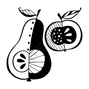 沙梨苹果梨设置苹果梨涂鸦手绘黑色轮廓标志图标剪影一个特写 孤立 白色背景设计图片