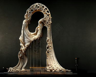Baroque 竖琴雕像照片 三幅插图细绳音乐家对象乐谱架教会旋律乐器文化窗户棕色背景