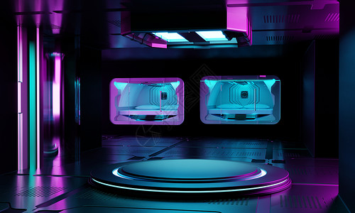 scifi空间飞船内部实验室室内建筑和用于网络网博中心产品演示的空讲台 技术和Scifi概念3D插图说明性介绍蓝色建筑学大厅生产房间陈列柜背景