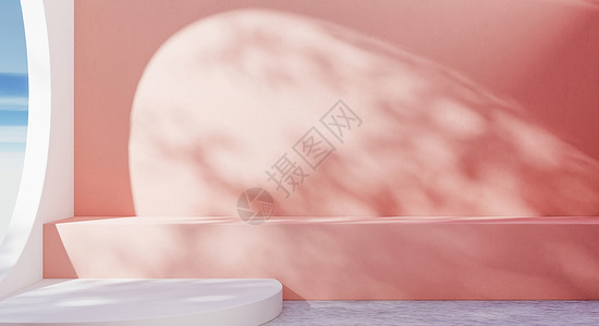 清空房间 粉红和白面纸色口音 树叶有阴影 蓝天空和云幕背景 摘要与自然概念 3D 插图背景图片