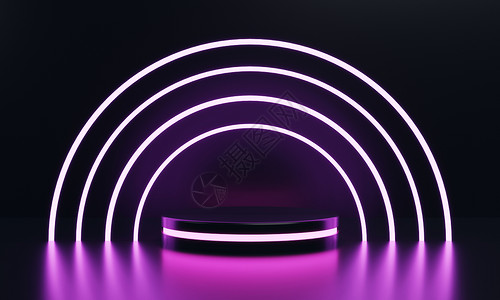 现代圆形产品展示 ci-fi 讲台 有粉红光亮的光线束环背景 技术和物体概念 3D 插图背景图片