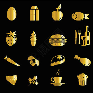 黑色背景孤立的金色食物图标背景图片