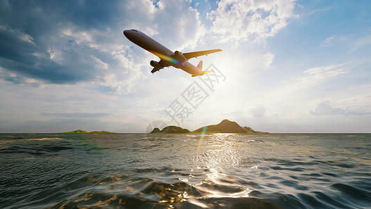 空中飞机在海洋上空飞行 阳光照亮蓝天空背景 旅行和Wanderlust运输概念3D图例显示三维插图解海岸海滩地平线航空喷射航天日背景图片