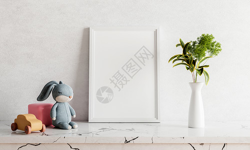 兔子模型白色大理石桌上的空相框模型 配有兔子娃娃室内植物和木制玩具车 艺术和室内家居装饰理念 3D插画渲染背景