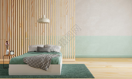 有木地板和隔断墙的绿色卧室和白色绿色未加工的混凝土背景 室内和建筑概念 3D插画渲染枕头风格建筑学寝具公寓长椅木头家具客厅装饰背景图片