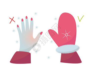 冻伤的手从手套 手套 危险 低温 霜冻 雪花中的冷暖手冻僵了 孤立的白色背景插画
