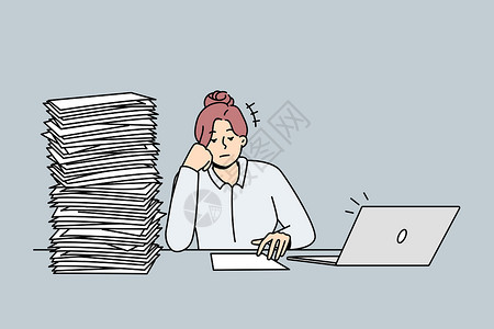 文件如山工作累的女商务人士 文件堆积如山情感绘画员工文书商务公司卡通片人士数据插图插画