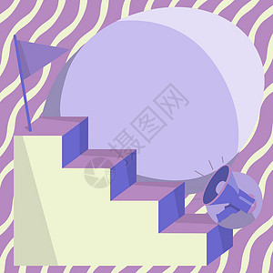 紫色扩音器操作扩音器爬上楼梯到达顶部的目的地标志 文本的空白空间在波浪背景 喇叭扬声器在梯子上实现目标计算机生日推介会墙纸圆圈海浪装饰邀请设计图片