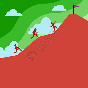 女同学结伴而行商业团队在山上攀登 以达到目标 一群人跳上山去获得顶端的旗帜 男女一起乘云而行 用新思想写作生长运动职业逆境天空进步成人悬崖绘画设计图片