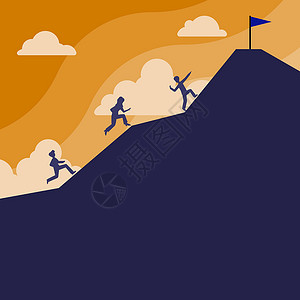 依山而居商业团队在山上攀登 以达到目标 一群人跳上山去获得顶端的旗帜 男女一起乘云而行 用新思想写作卡通片商务图形战略创造力风险逆境人士设计图片