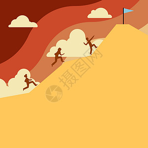 山上的茅草屋商业团队在山上攀登 以达到目标 一群人跳上山去获得顶端的旗帜 男女一起乘云而行 用新思想写作职业绘画进步风险人士悬崖冒险日落领导设计图片