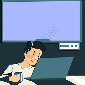 从后面看男子控股杯 看拉普顶端和展示重要新闻 在后面的Tv 男孩在手中抓人 盯着电脑并显示Cruty信息卡通片服装男性课堂电脑显示器笔记设计图片