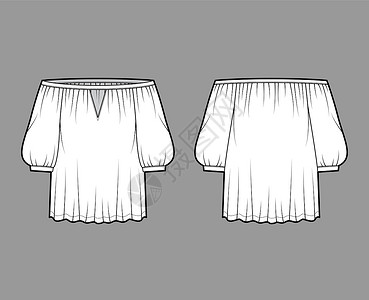 碧姬芭铎外露肩上衣的巴多特技术时装图解 上面有粗软手肘袖 尺寸过大服饰女性小样女装设计棉布织物计算机男人插图插画