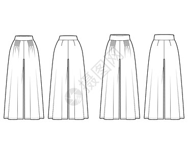 一套技术时装图示 以低正常腰 高抬起 大胸架 全长度 宽腿规格裤子设计绘画男人棉布小样孩子们宫殿口袋插画