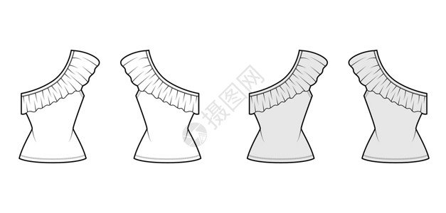 最顶端的单肩技术时装图示 配有轮斗 装配身体 伸展棉条服饰荷叶衬衫设计袖子衣服插图女性女装腰部插画