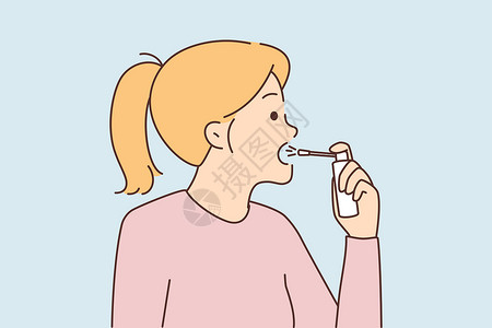 男性病患手拿哮喘吸入器不健康的妇女喷洒喉咙女性过敏疼痛成人哮喘治疗卡通片口服女孩流感插画