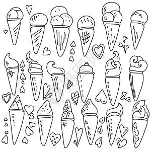 一套面条的冰淇淋锥 上面有卷曲的顶部 彩色页面 冷甜点和红心背景图片