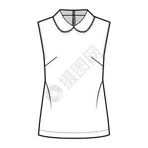 圆领衬衫以松散的双影 无袖 圆领和扇贝蕾丝来绘制布罗兹技术时尚图纺织品棉布衬衫女士男人办公室服装裙子计算机绘画设计图片