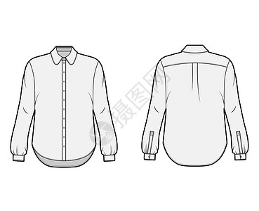 圆领袄经典衬衫技术时装插图 前开口按下按钮 圆领 长袖 超大办公室纺织品袖子女士身体裙子球座男人服装计算机设计图片