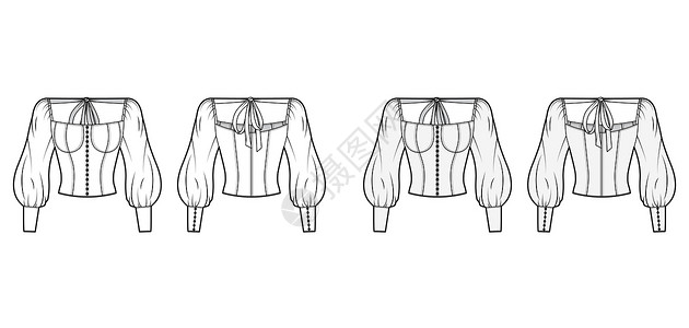 身体露肩式上衣Victorian 纽扣装饰的上衣特制时装图解 用紧身式体 薄袖纺织品服装男人棉布丝绸脖子袖子球座女性男性设计图片