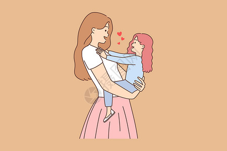 喜出望外微笑的母亲握着小女儿的手家庭童年快乐女士女孩妈妈拥抱插图情感母性插画