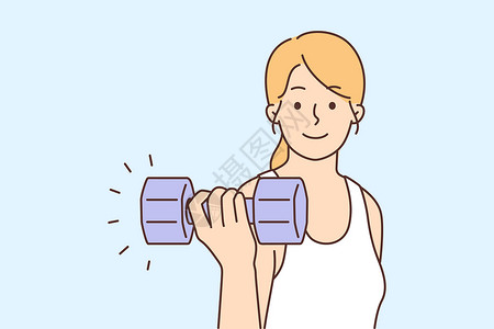 举哑铃女带着哑铃的快乐妇女训练力量二头肌绘画培训师运动装活力活动数字女性身体插画