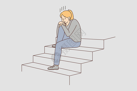 坐在楼梯上的不快乐女人 孤独受苦心理学情绪寂寞性格女孩病人疾病情感压力心理插画