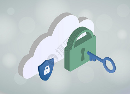 云钥匙云验证 密码管理器服务概念 3D 等距插图-带云的安全图标 带钥匙孔和钥匙的挂锁插画